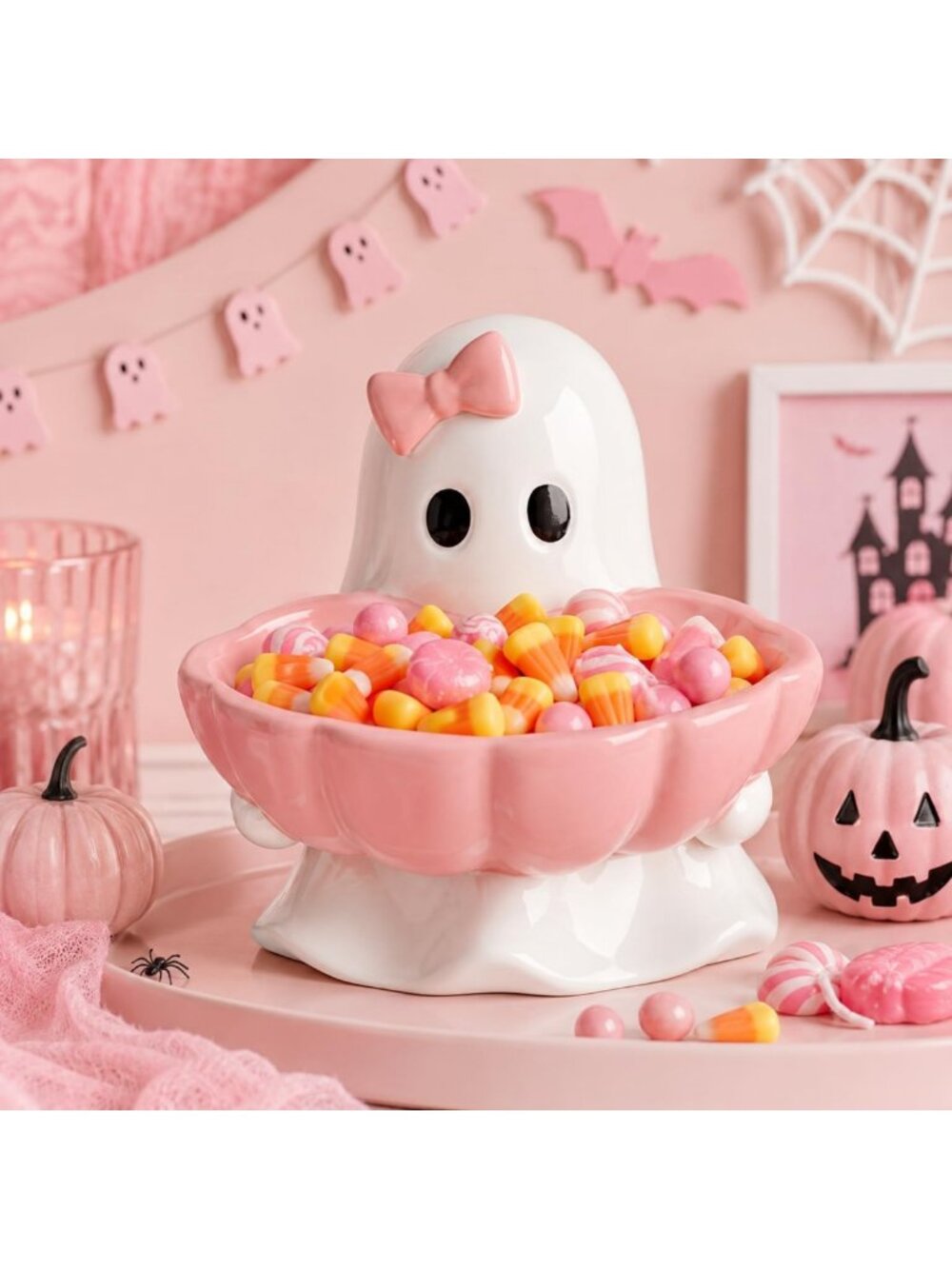 Adorable Pink Bow Ghost Ceramic Candy Bowl for Halloween Treats & Decor